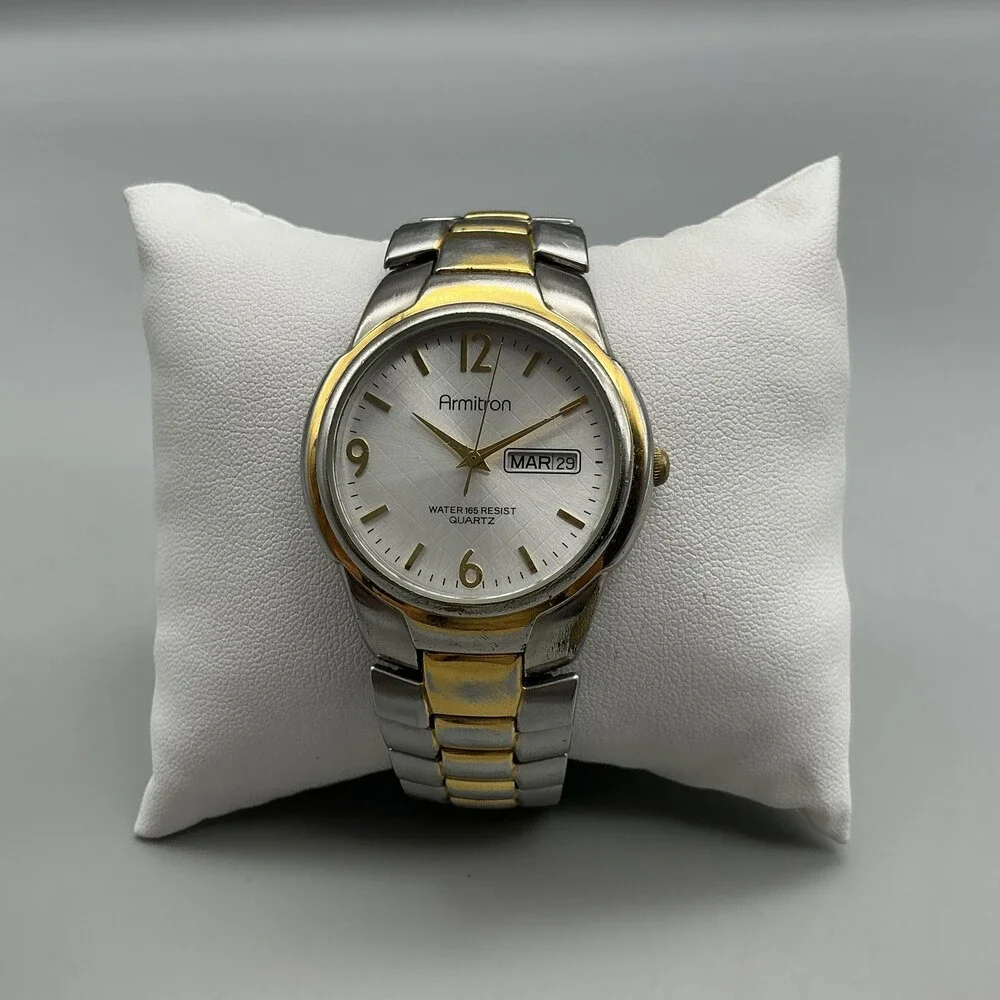 Armitron Mens Watch 36mm Gold Silver Tone Expansion Band Day Date New Battery
